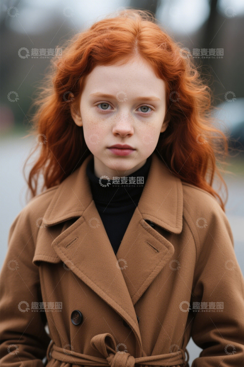 高清大图下载【趣麦麦图】红发女孩穿着驼色外套凝视前方