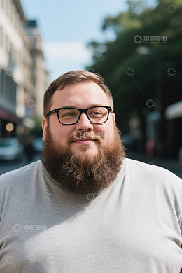 阳光下戴眼镜的留着大胡子的胖男人