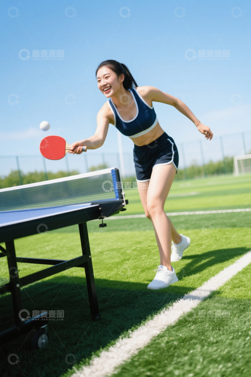 高清大图下载【趣麦麦图】阳光下快乐打乒乓球的女孩
