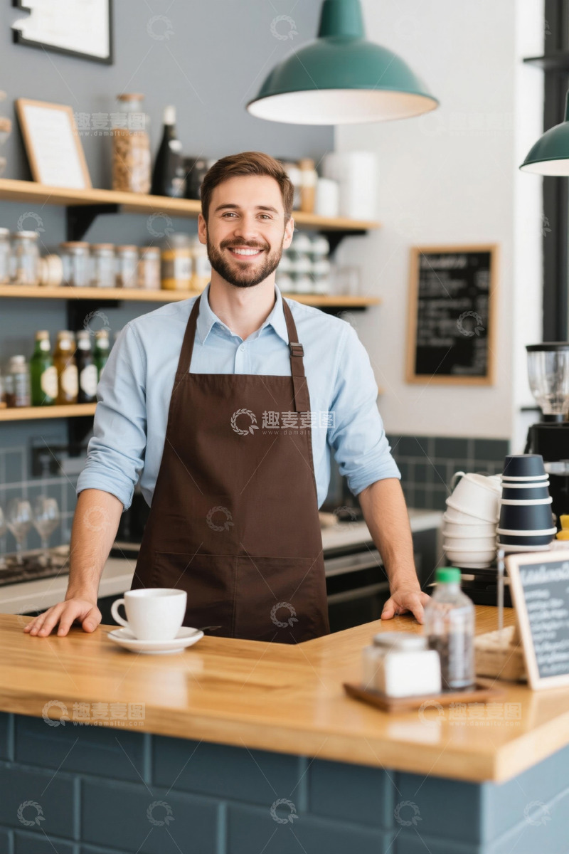 高清大图下载【趣麦麦图】咖啡店帅气男店员微笑服务