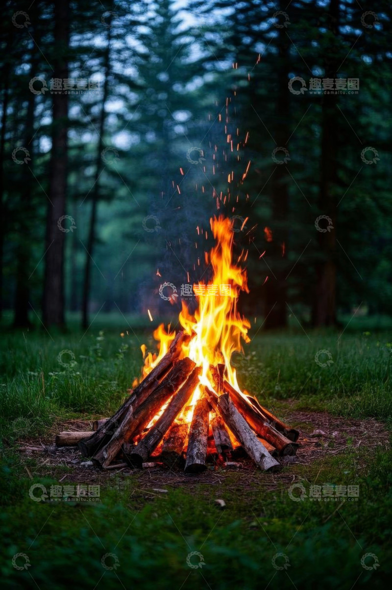 高清大图下载【趣麦麦图】森林中燃烧的篝火场景