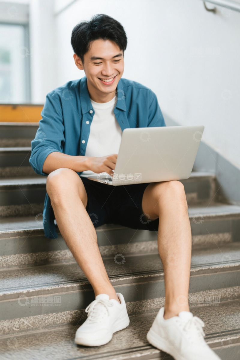 高清大图下载【趣麦麦图】年轻男子楼梯上使用笔记本电脑