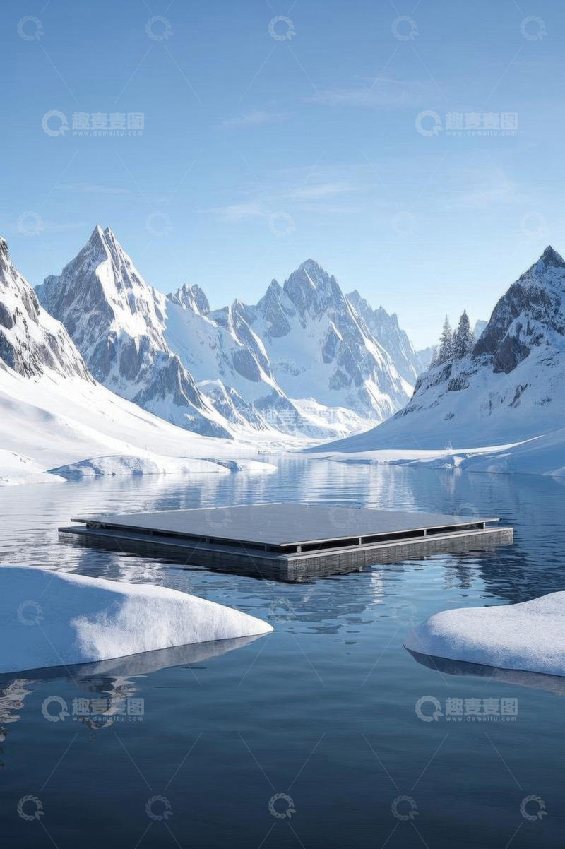 高清大图下载【趣麦麦图】雪山下湖面漂浮平台景观