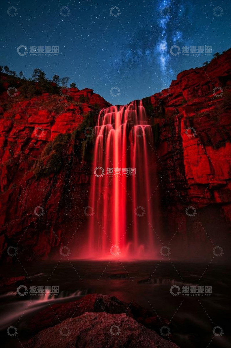 高清大图下载【趣麦麦图】夜空下红色灯光映照的瀑布景观