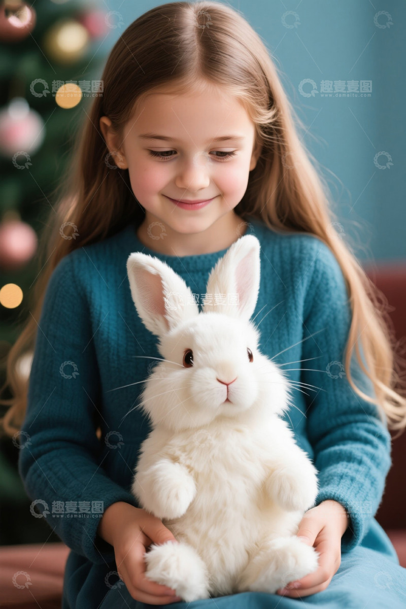 高清大图下载【趣麦麦图】女孩怀抱小白兔圣诞节温馨场景