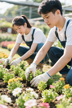 情侣在花园里一起种植花卉