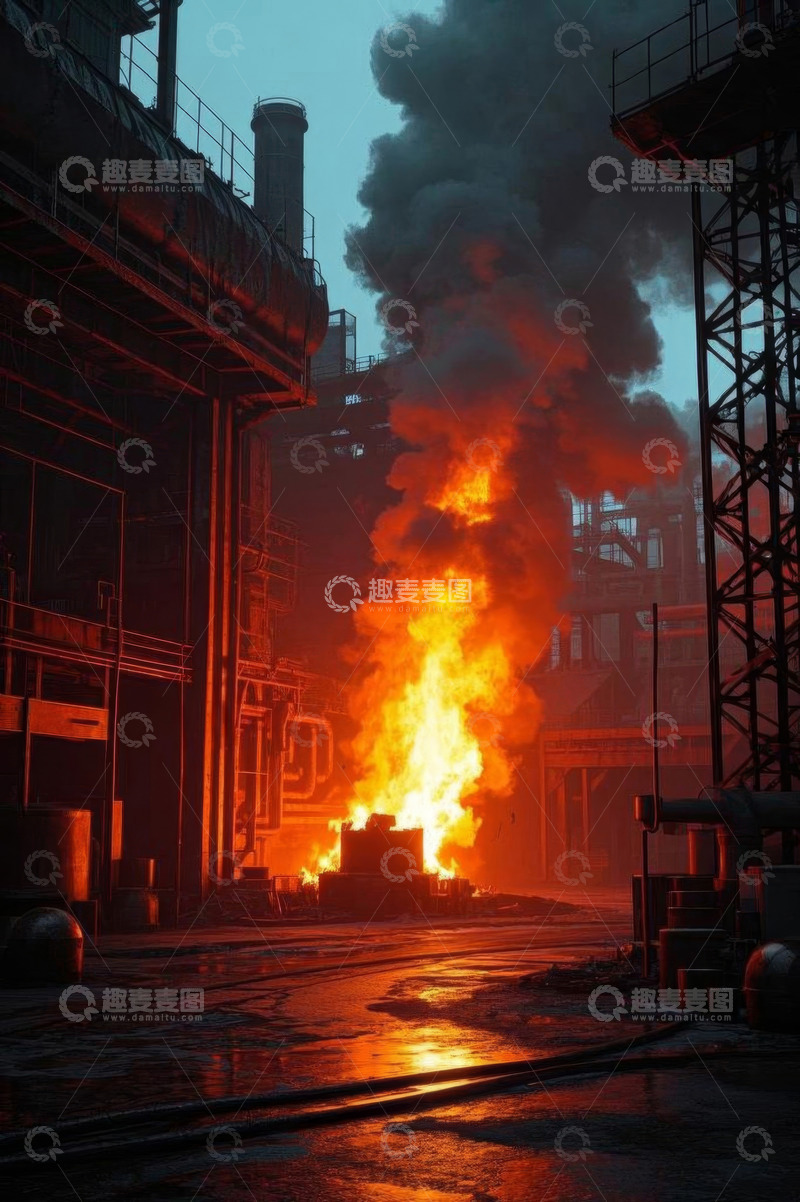 高清大图下载【趣麦麦图】工厂内熊熊燃烧的火焰场景