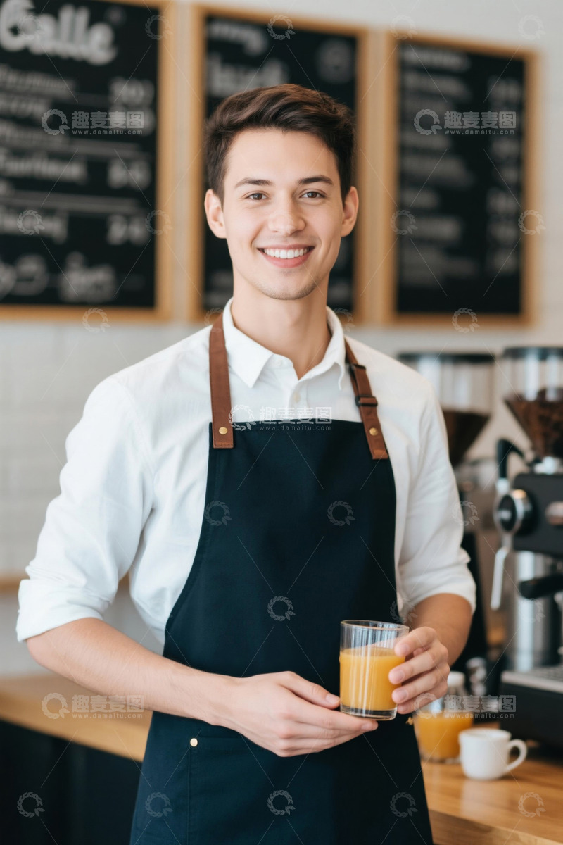 高清大图下载【趣麦麦图】咖啡店年轻男服务员微笑端着橙汁