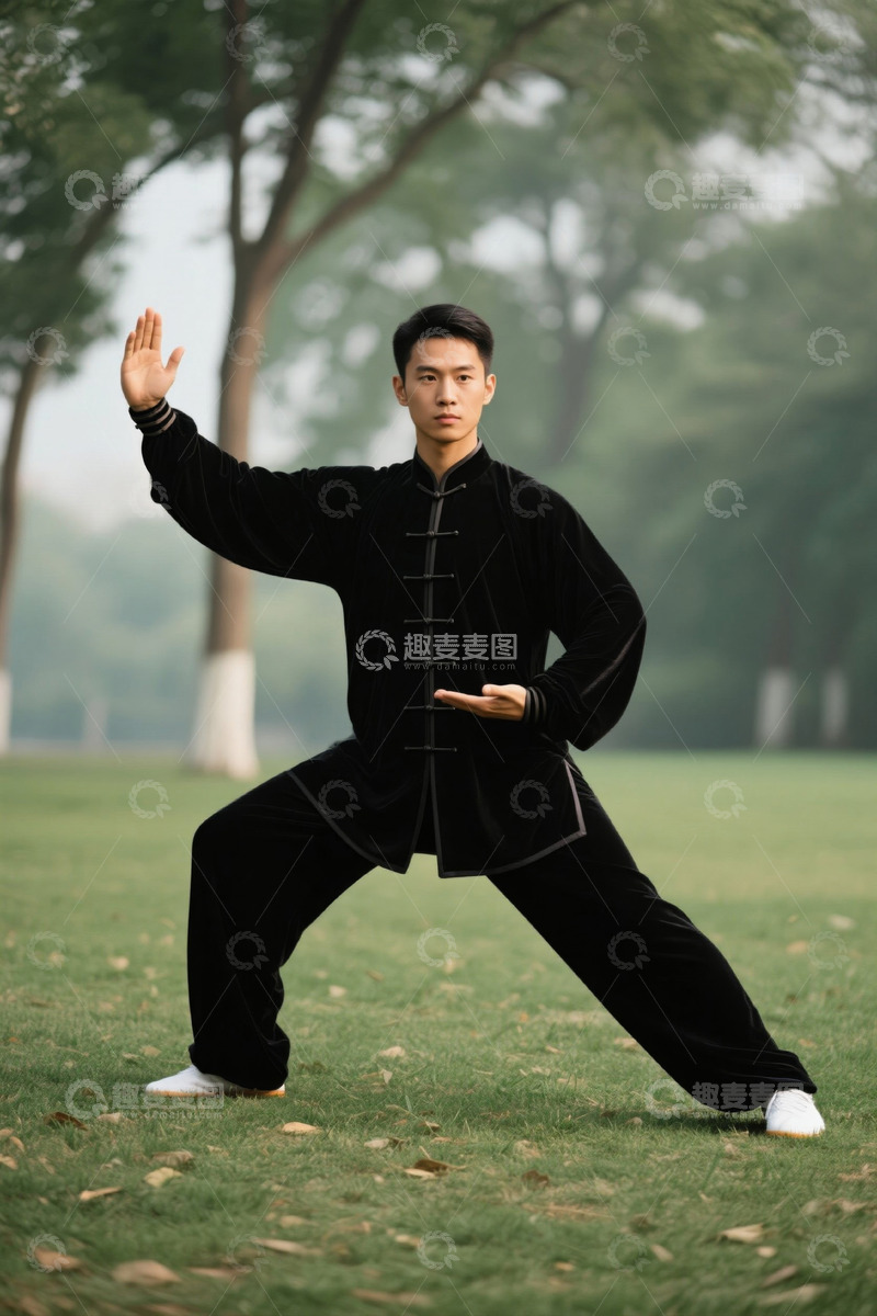 高清大图下载【趣麦麦图】青年男子公园练习太极拳