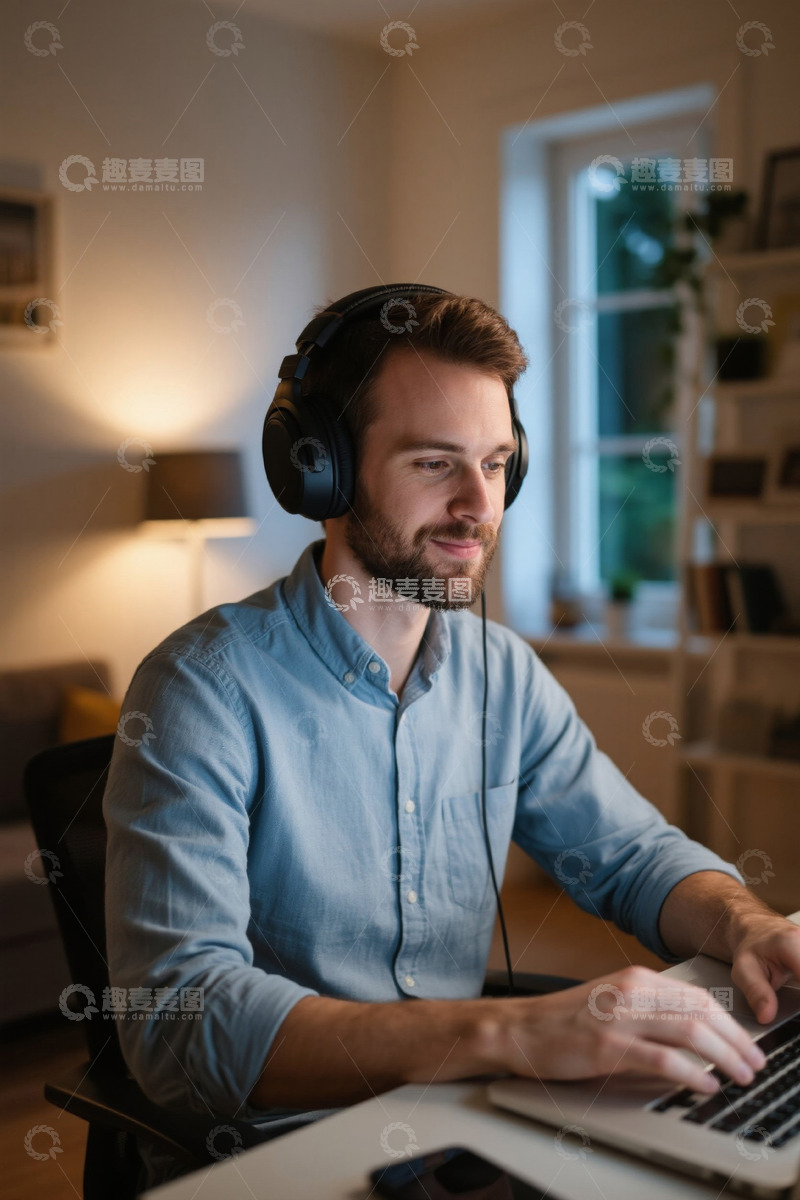 高清大图下载【趣麦麦图】戴耳机男子深夜在家办公