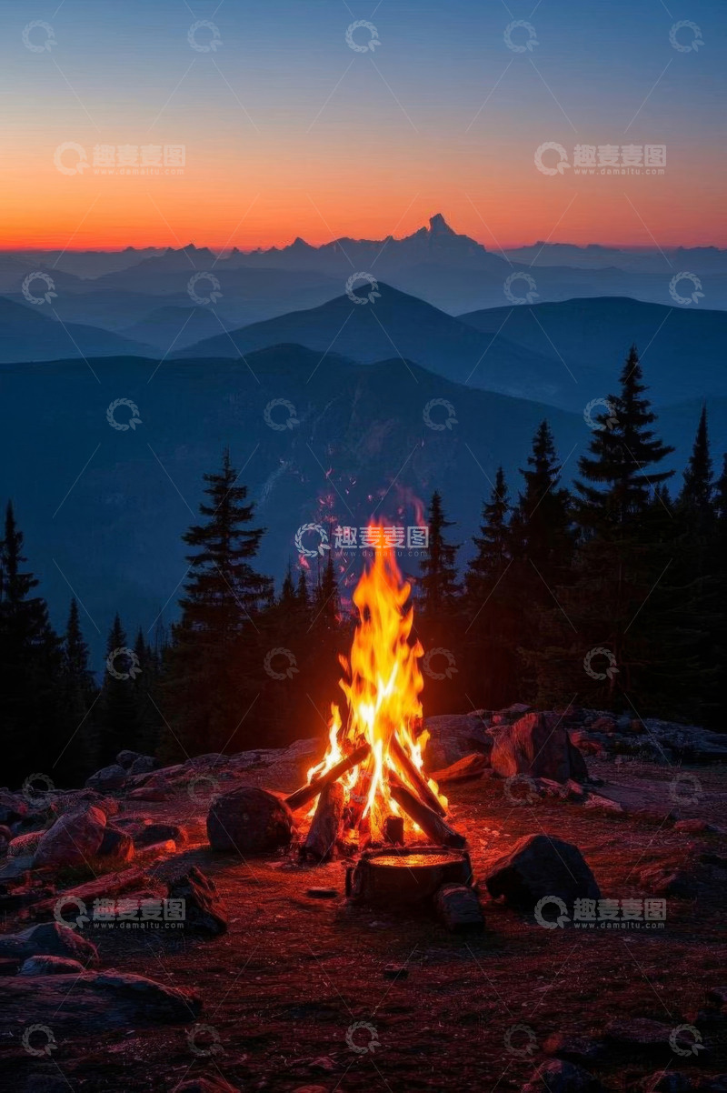 高清大图下载【趣麦麦图】山间篝火与日落山脉景观