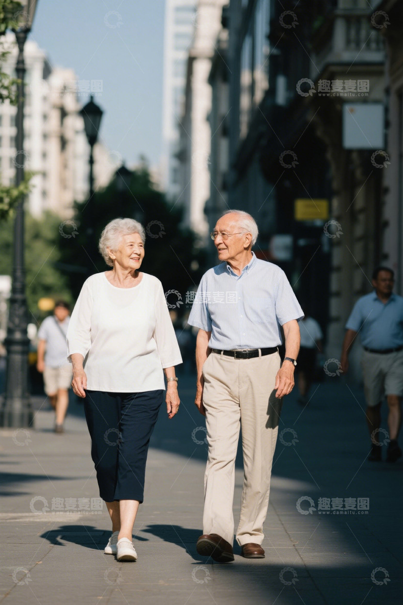 高清大图下载【趣麦麦图】阳光下漫步的老年夫妇