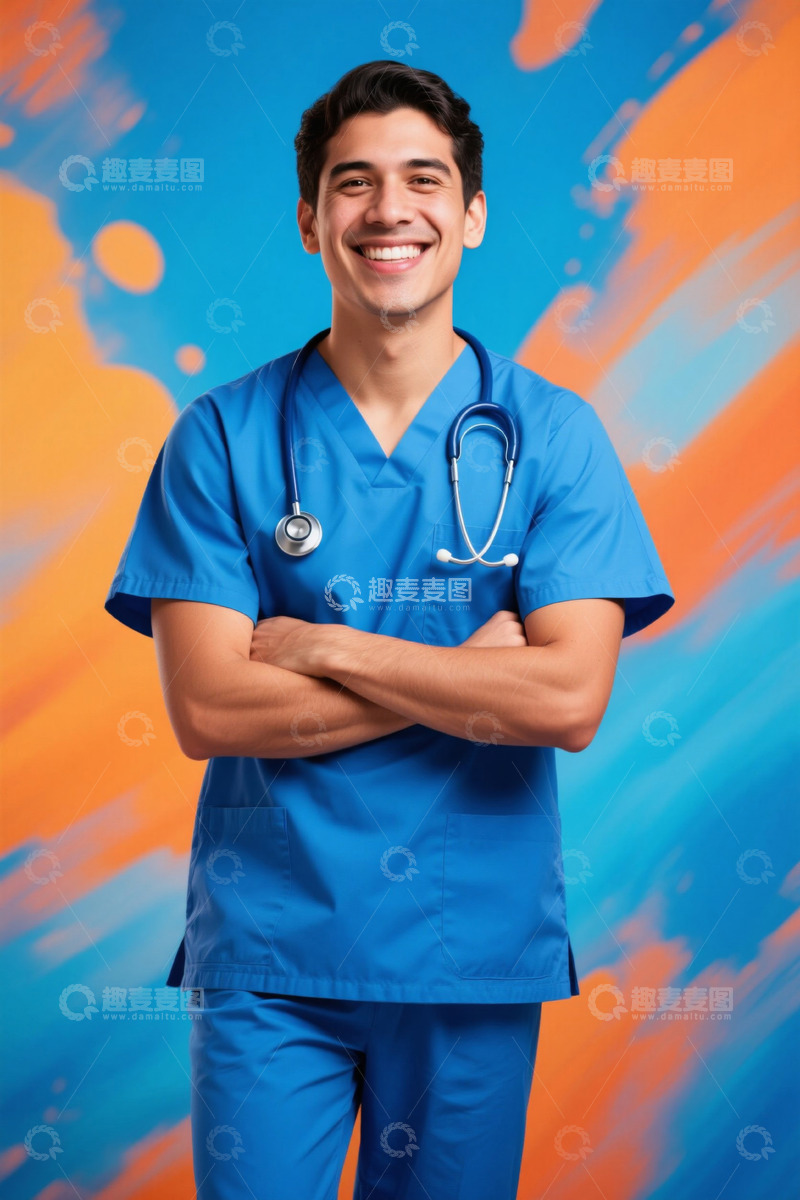 高清大图下载【趣麦麦图】微笑的年轻男医生蓝色制服