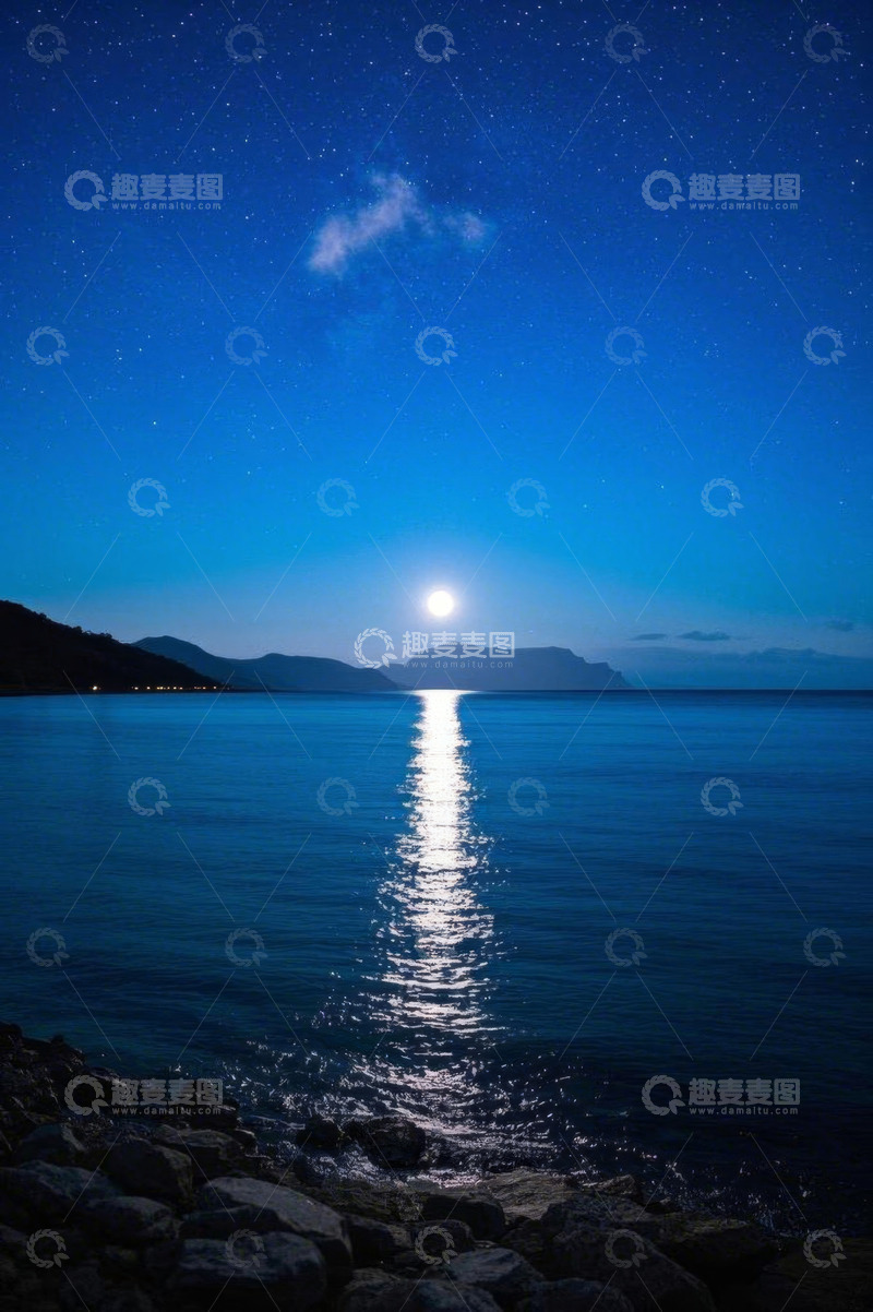 高清大图下载【趣麦麦图】月夜下的海面与远山景观