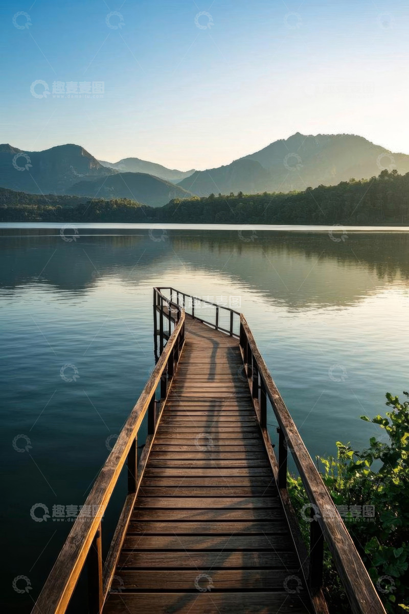 高清大图下载【趣麦麦图】湖畔木质栈桥自然风光