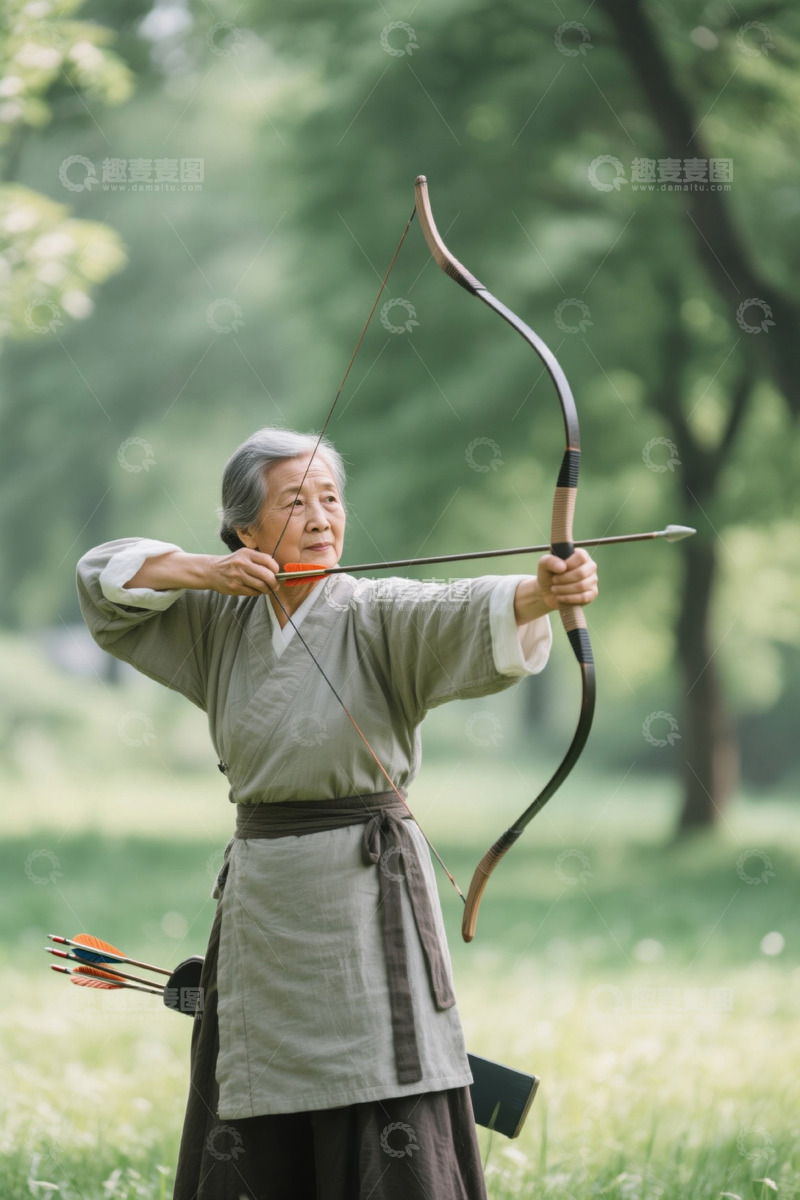 高清大图下载【趣麦麦图】老年女子公园射箭练功