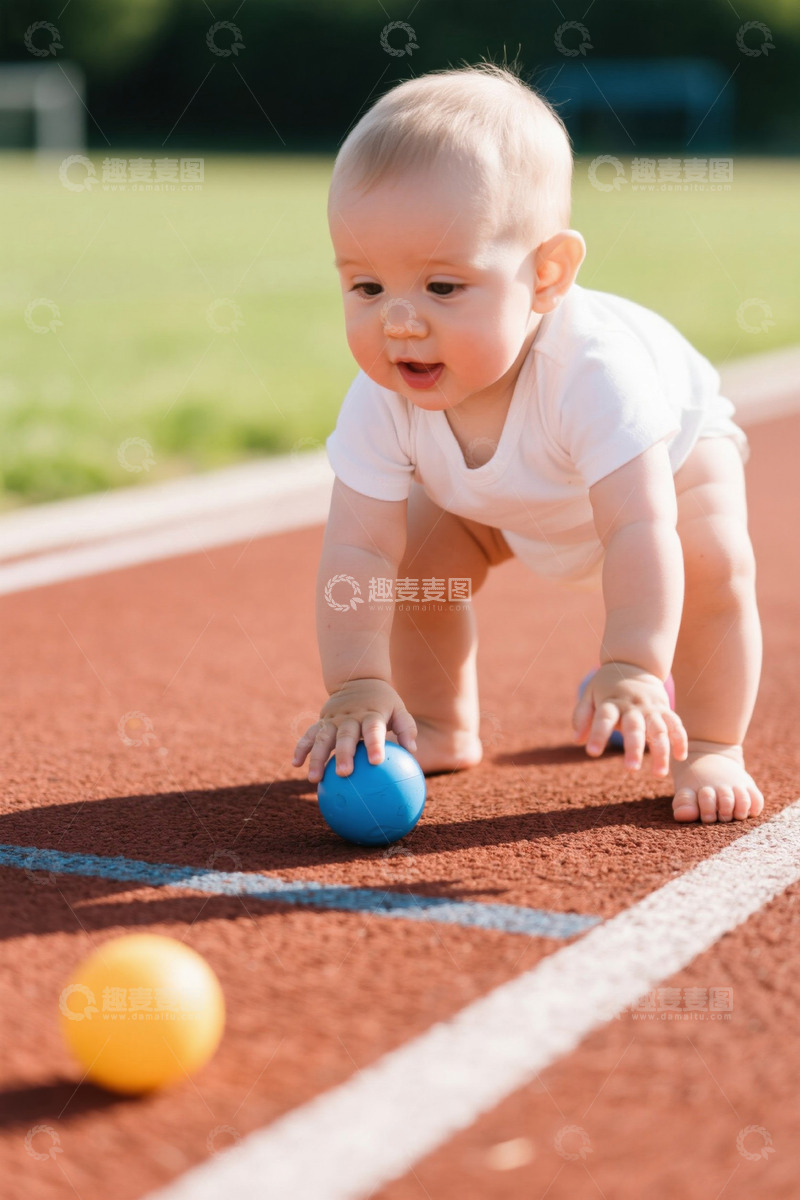 高清大图下载【趣麦麦图】婴儿在跑道上玩耍彩色球