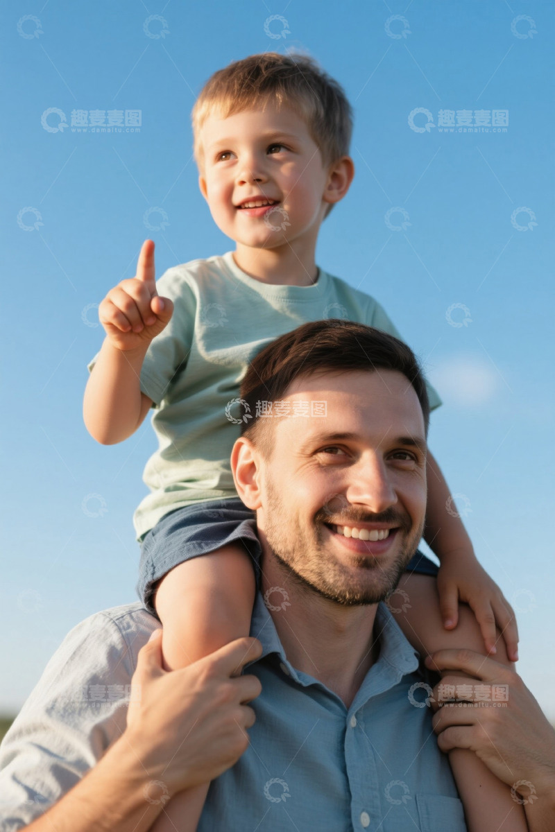 高清大图下载【趣麦麦图】父亲肩上孩子指天开心笑
