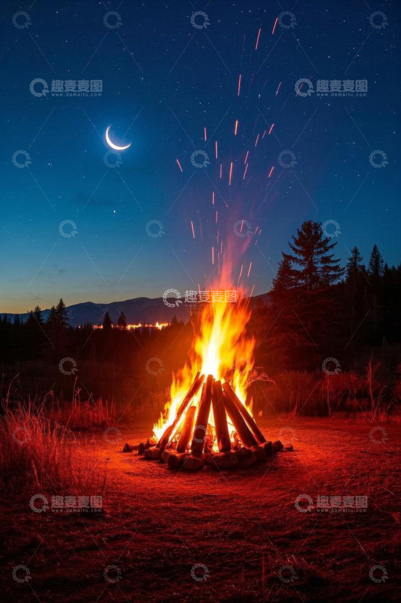 高清大图下载【趣麦麦图】夜空下的篝火与新月景观