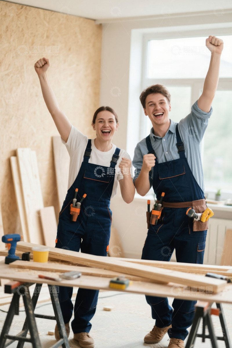 高清大图下载【趣麦麦图】-年轻男女木工庆祝成功项目