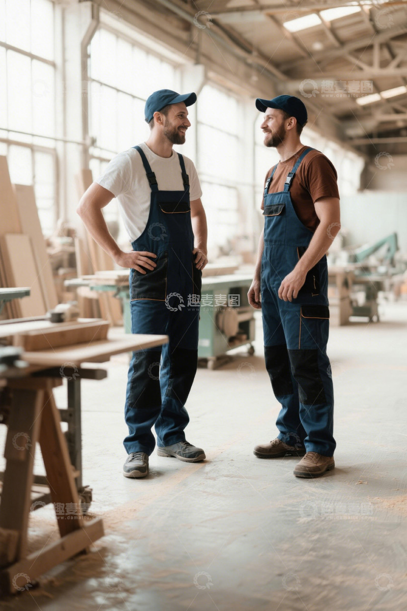 高清大图下载【趣麦麦图】木工车间两位工人轻松交谈