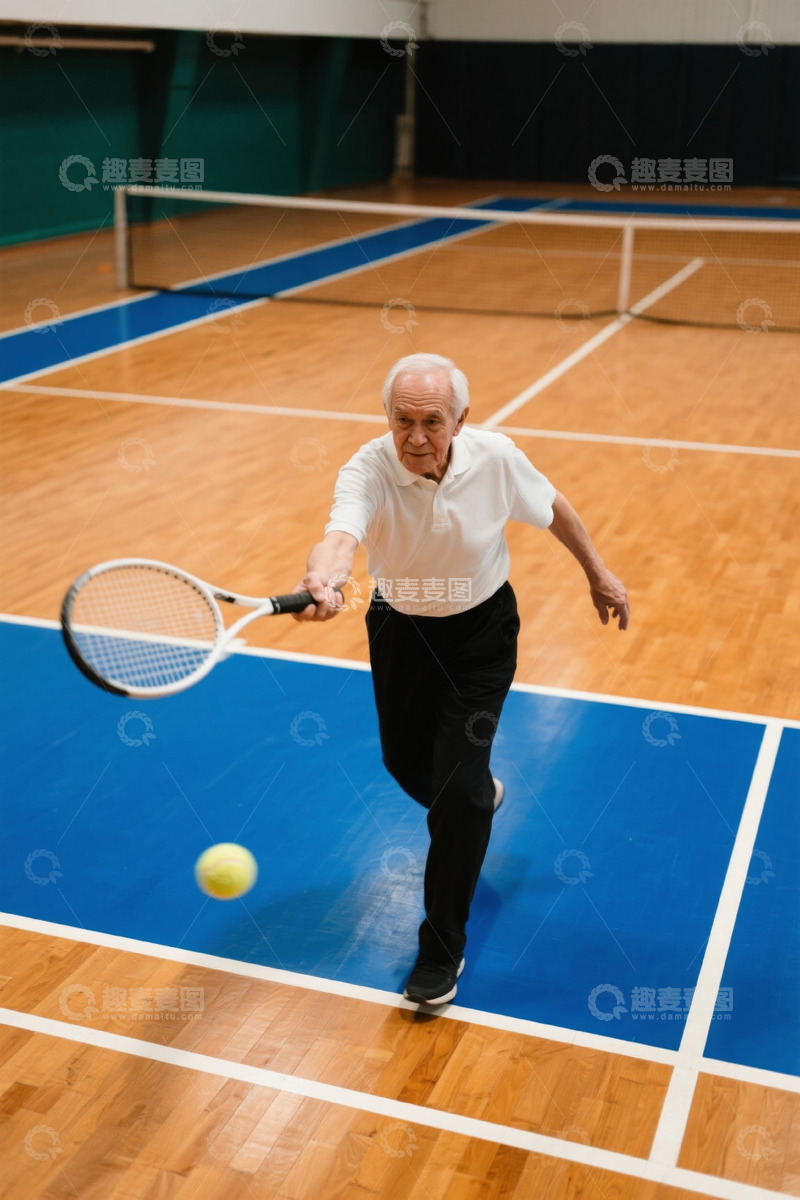 高清大图下载【趣麦麦图】老年人在室内网球场打球