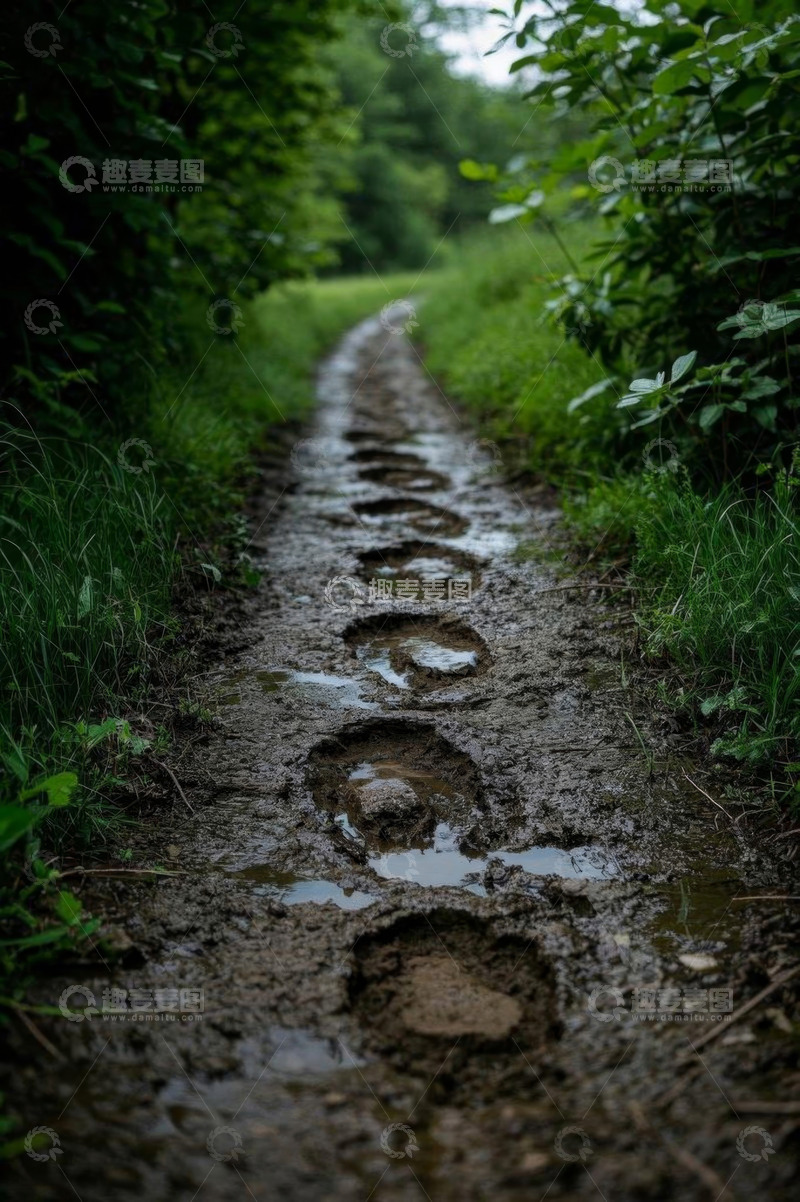 高清大图下载【趣麦麦图】森林中泥泞小路与脚印