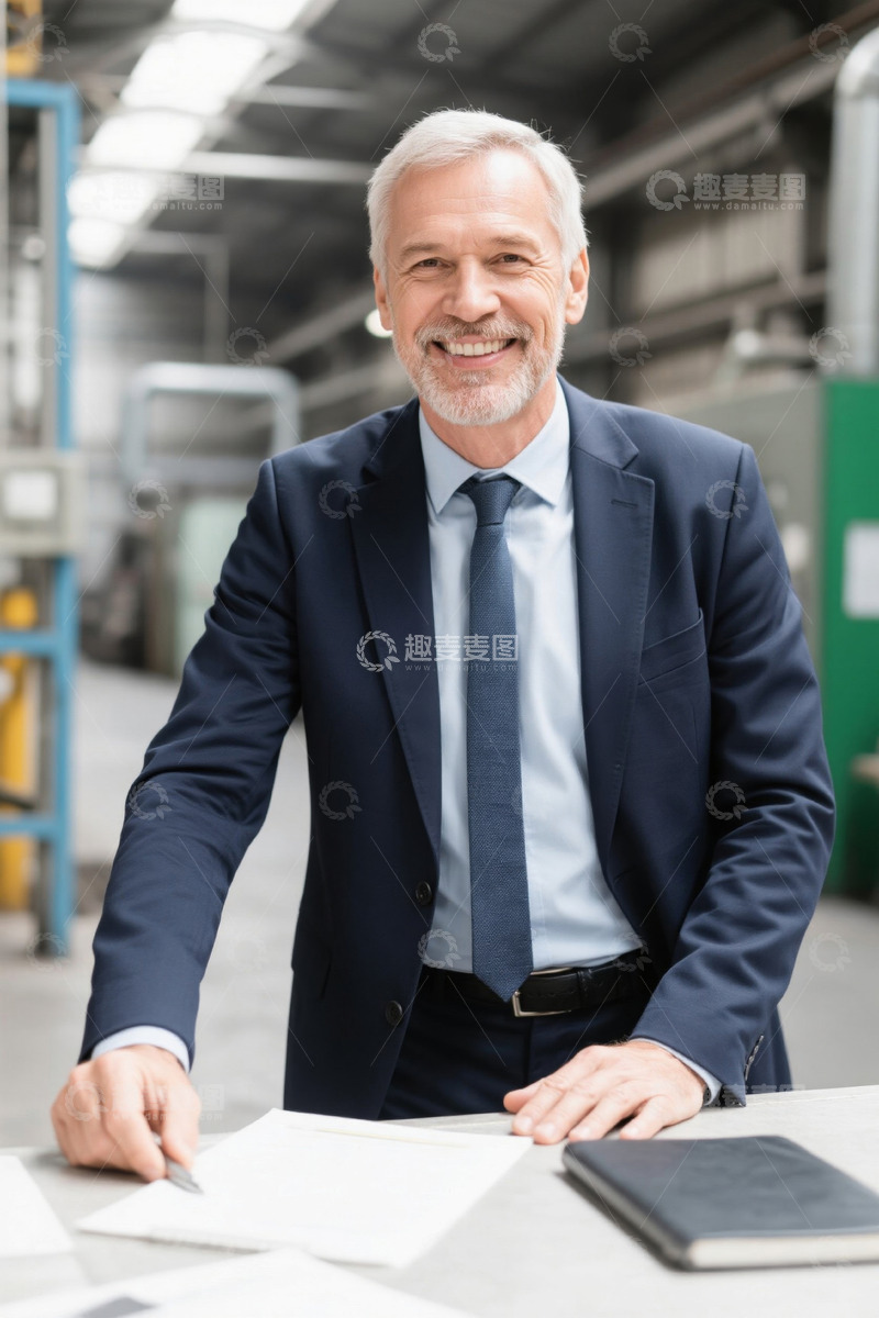 高清大图下载【趣麦麦图】微笑的成熟男性商务人士在工厂