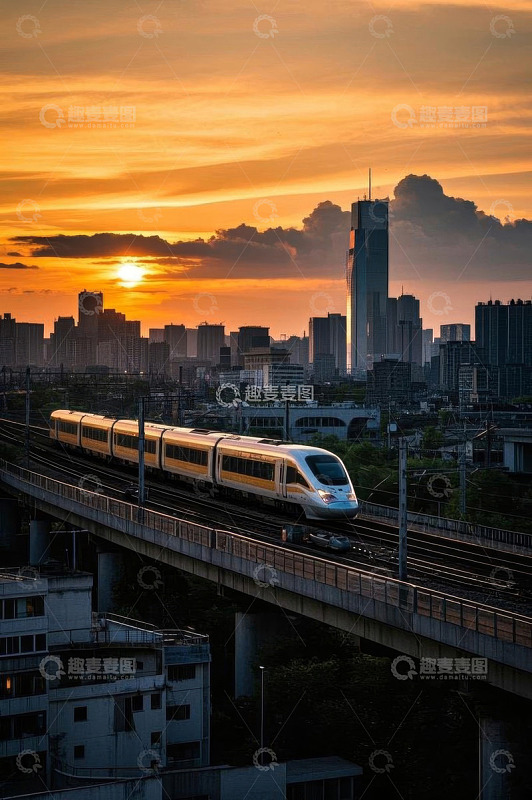 城市夕阳下行驶的高铁