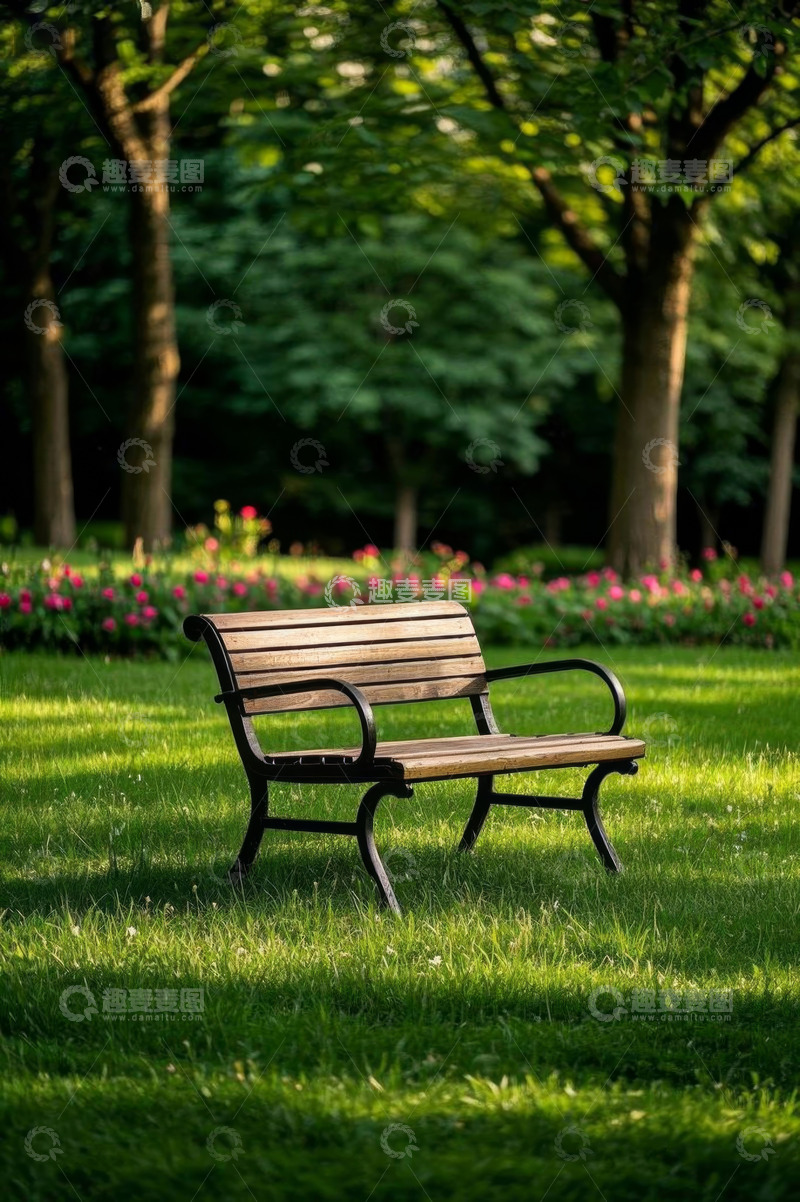 高清大图下载【趣麦麦图】公园草地旁的休闲长椅