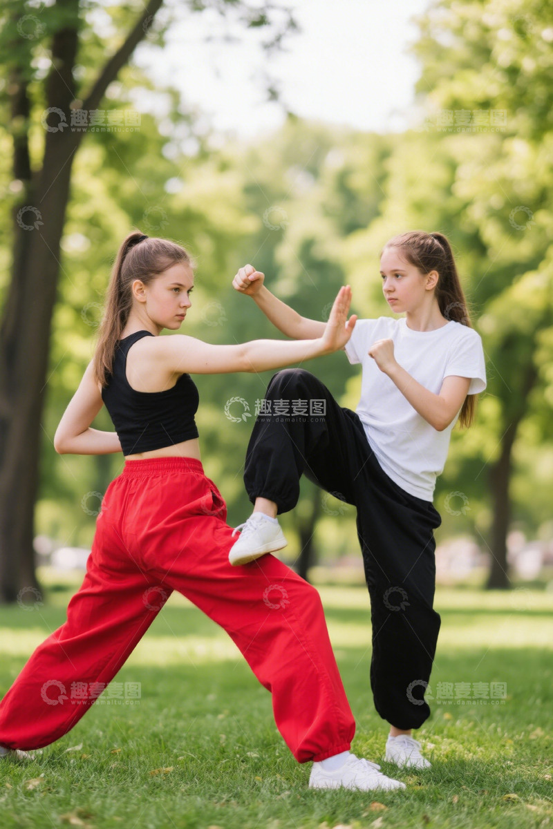 高清大图下载【趣麦麦图】公园里两位女孩练习武术