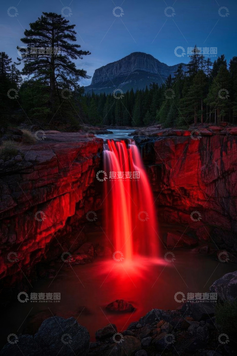 高清大图下载【趣麦麦图】夜幕下的红色瀑布自然风光