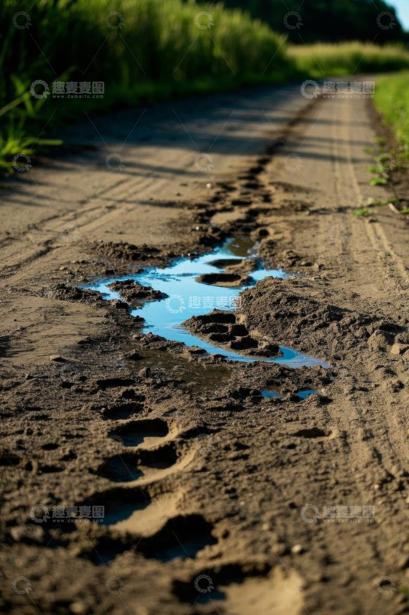 高清大图下载【趣麦麦图】户外泥土道路上的积水与脚印