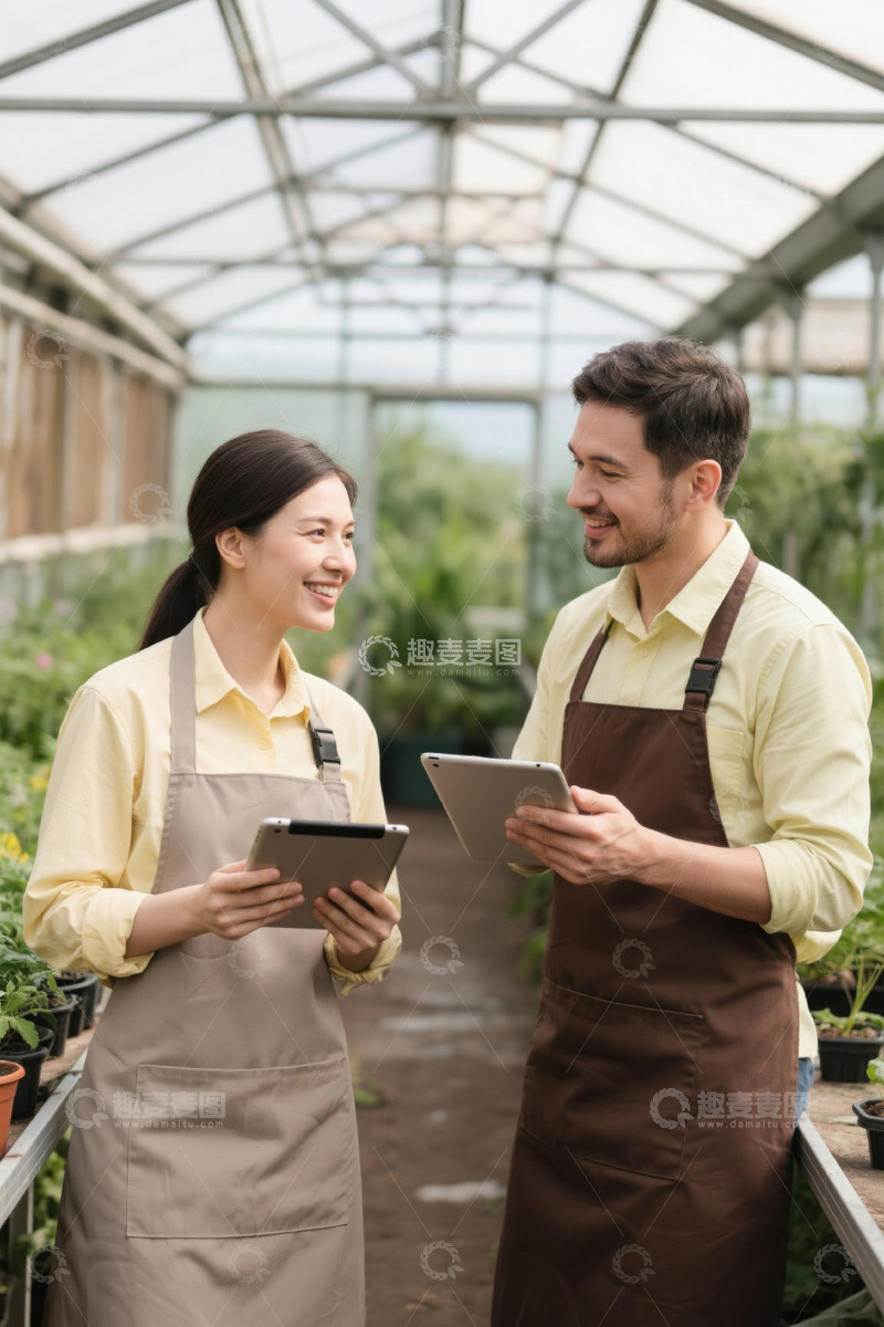 高清大图下载【趣麦麦图】温室里两位年轻人在讨论工作