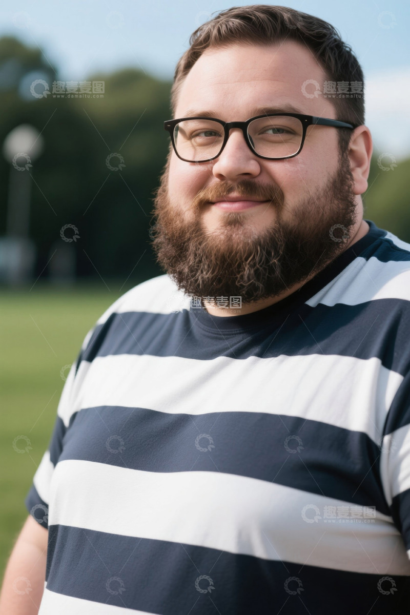 高清大图下载【趣麦麦图】户外阳光下微笑的戴眼镜胖男人