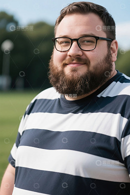 户外阳光下微笑的戴眼镜胖男人