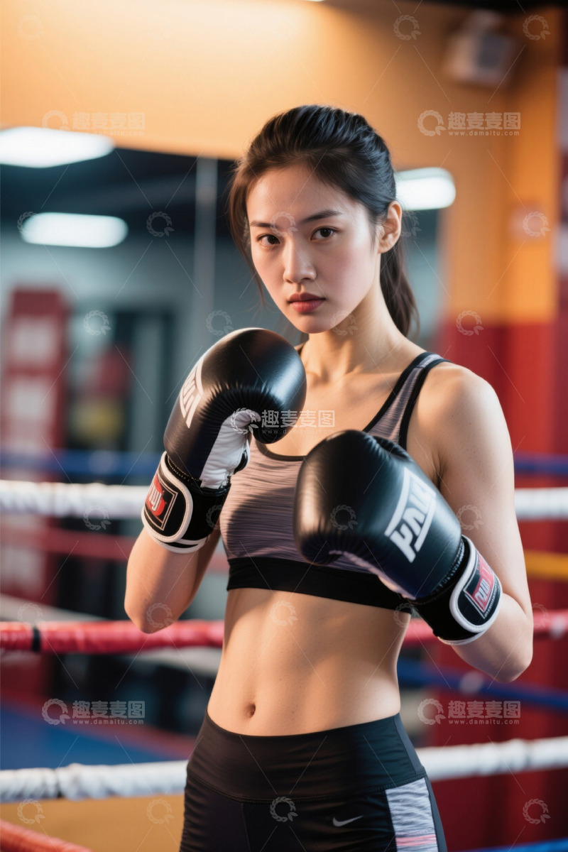 高清大图下载【趣麦麦图】拳击馆里自信的年轻女拳手