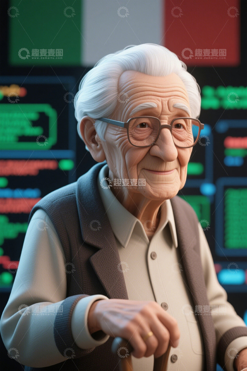 高清大图下载【趣麦麦图】慈祥老人拄拐杖凝视屏幕