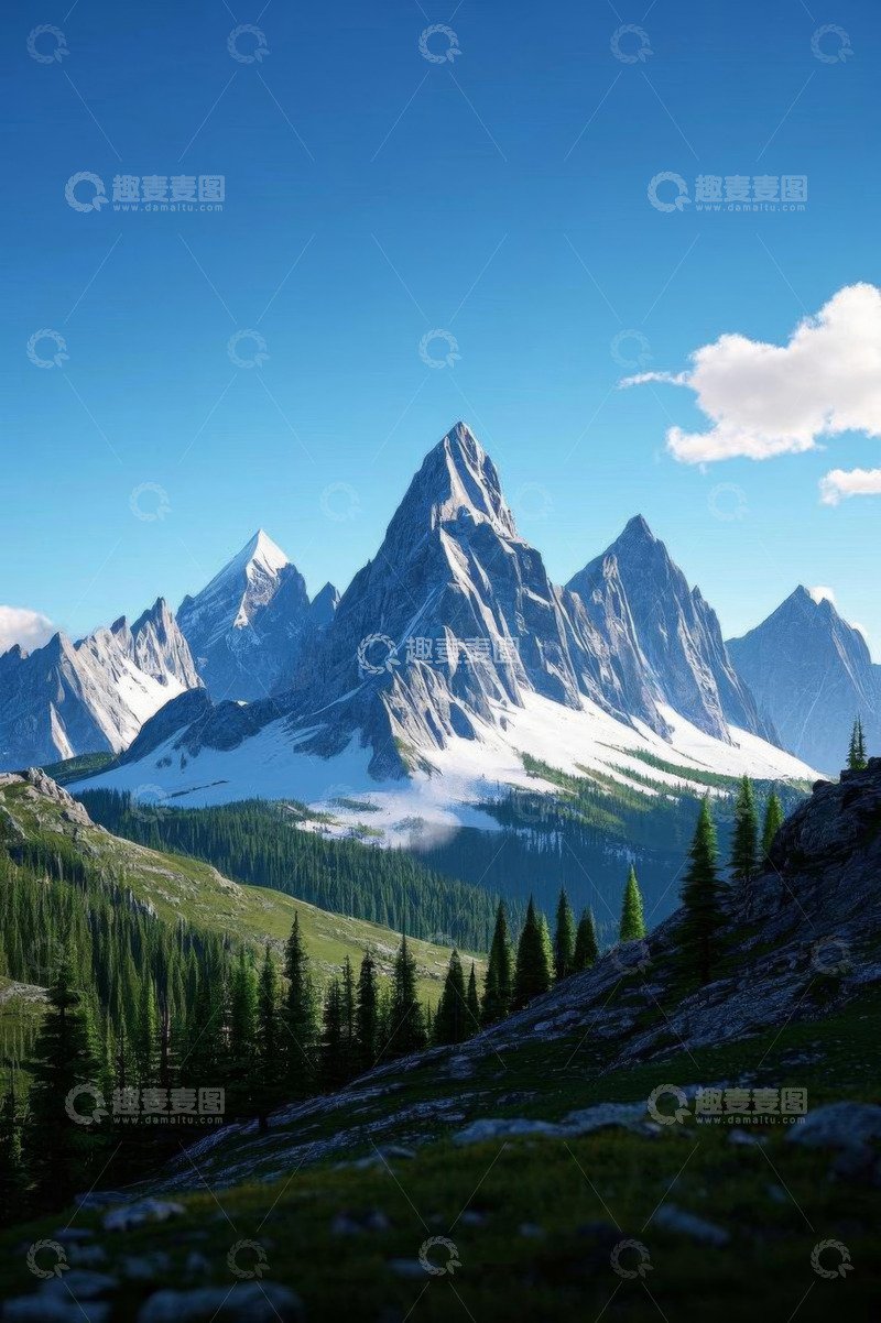 高清大图下载【趣麦麦图】雪山森林自然风光全景