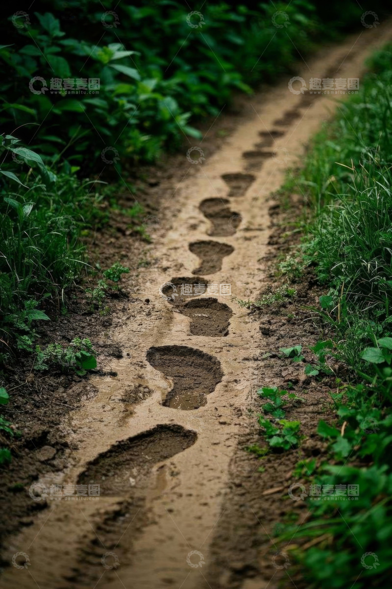 高清大图下载【趣麦麦图】泥土小径上的清晰脚印