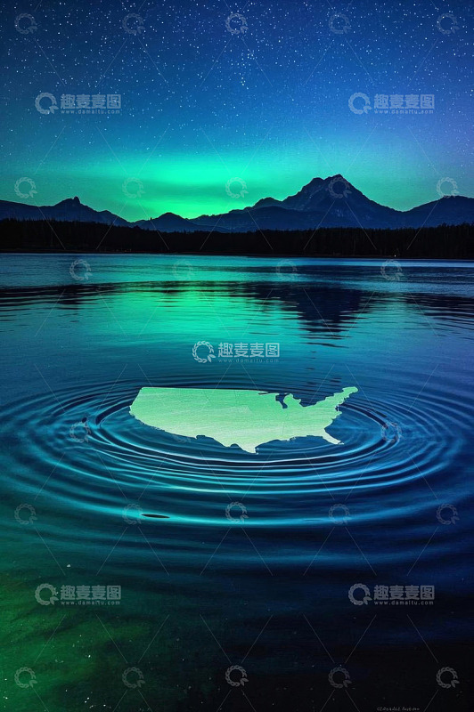 湖面美国地图倒影与星空极光景观