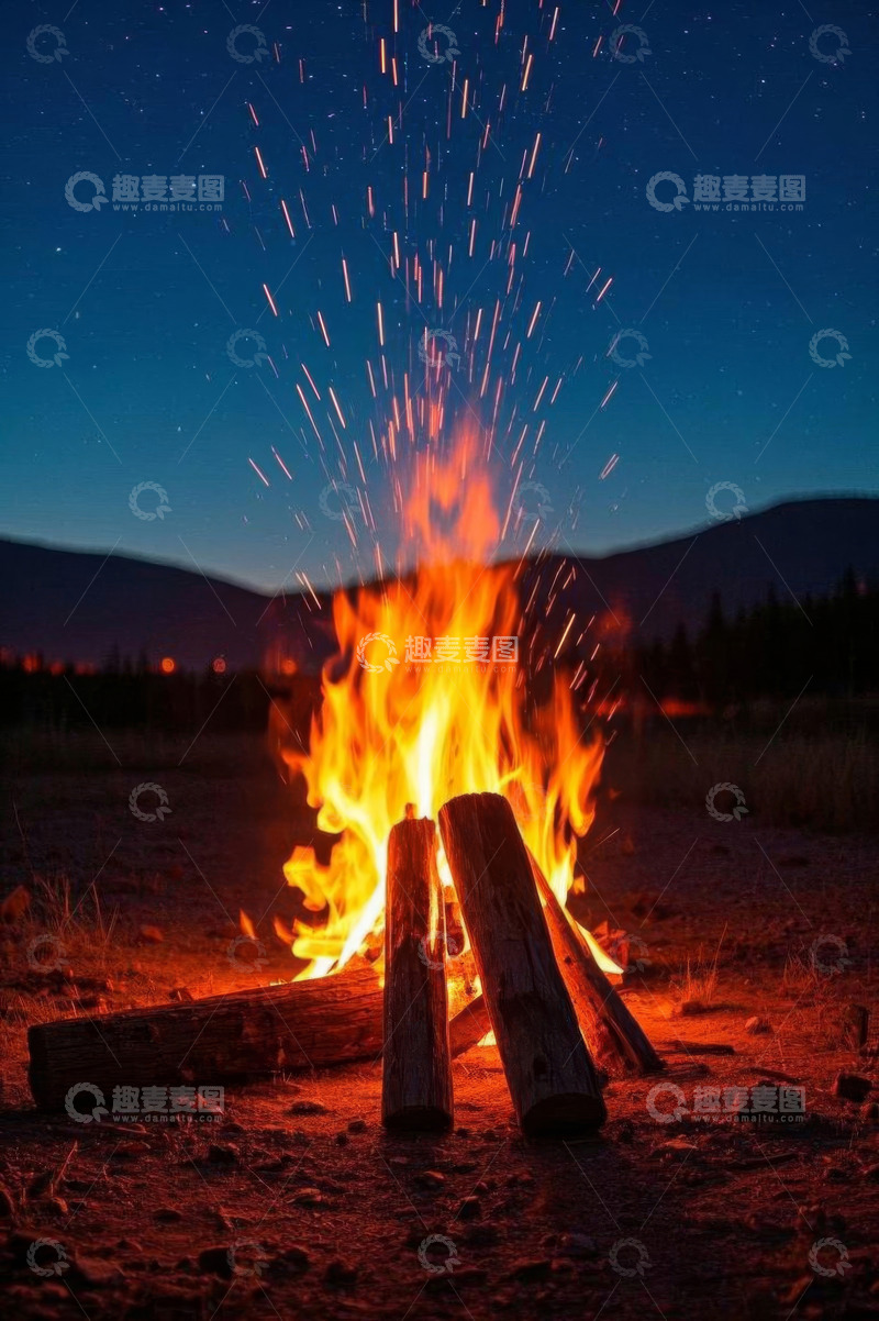 高清大图下载【趣麦麦图】户外燃烧的篝火与夜空