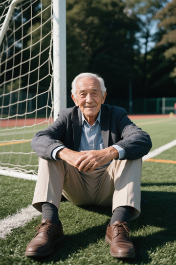 足球场边一位微笑的老年男子