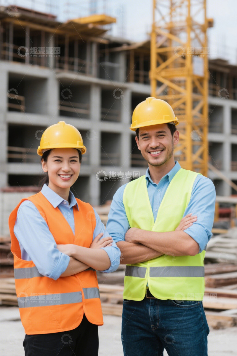 高清大图下载【趣麦麦图】工地上的两位年轻工程师自信微笑