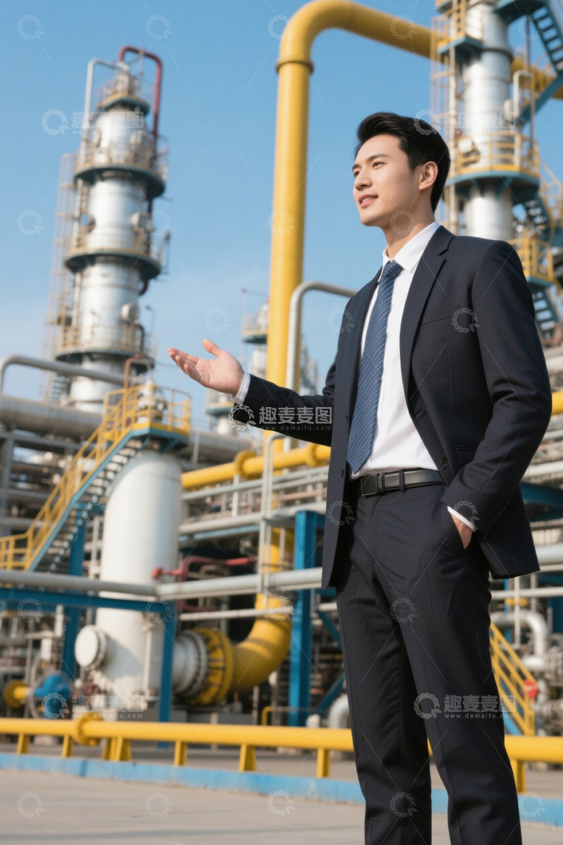 高清大图下载【趣麦麦图】西装男子石油工厂背景凝视远方