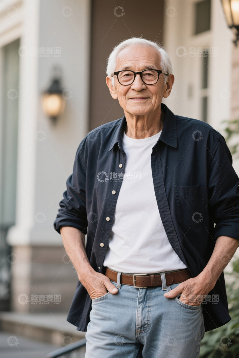 高清大图下载【趣麦麦图】微笑的老年男子户外肖像