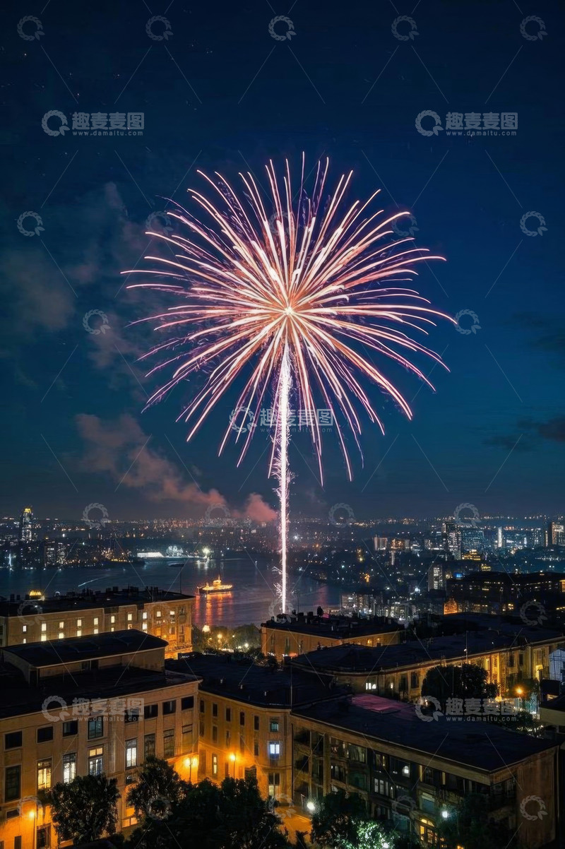 高清大图下载【趣麦麦图】城市夜空绽放的绚丽烟花