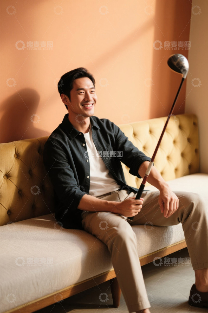 高清大图下载【趣麦麦图】阳光下微笑的年轻男子拿着高尔夫球杆