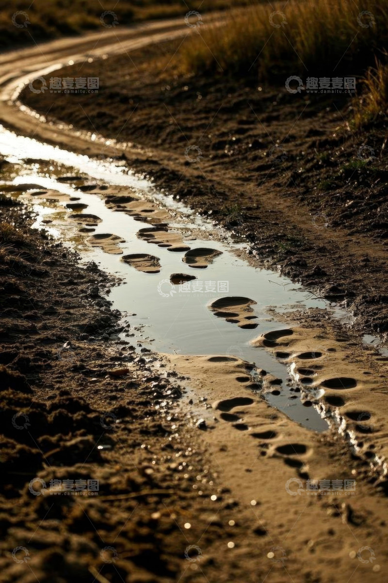 高清大图下载【趣麦麦图】乡间泥泞道路上的积水与脚印