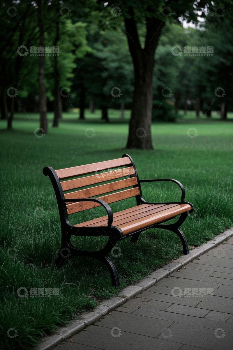 高清大图下载【趣麦麦图】公园草地旁的休闲长椅